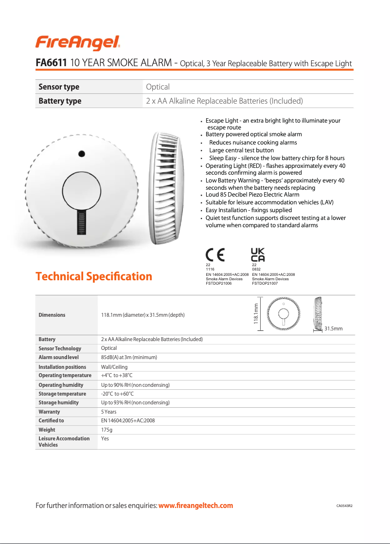 Page 1 de la notice Fiche technique FireAngel FA6611-R