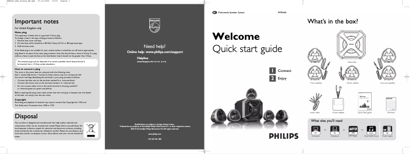 Page n°1 - Guide de démarrage rapide Philips MMS460