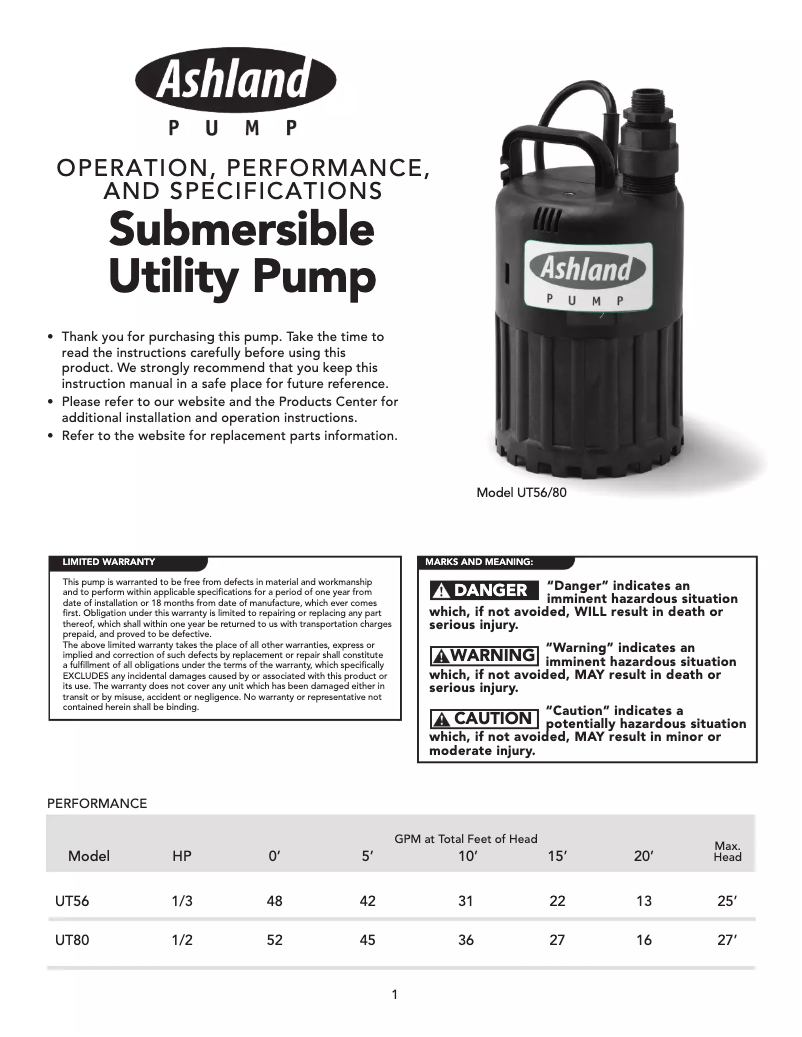Page n°1 - Manuel utilisateur Ashland UT56