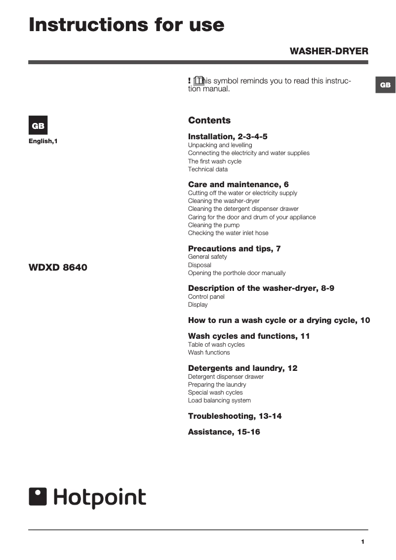 Page 1 de la notice Manuel utilisateur Hotpoint WDXD 8640P UK