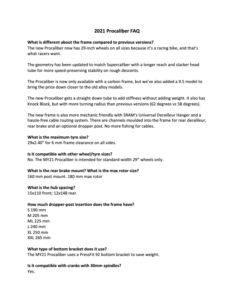 Page 1 de la notice FAQ Trek Procaliber 9.5