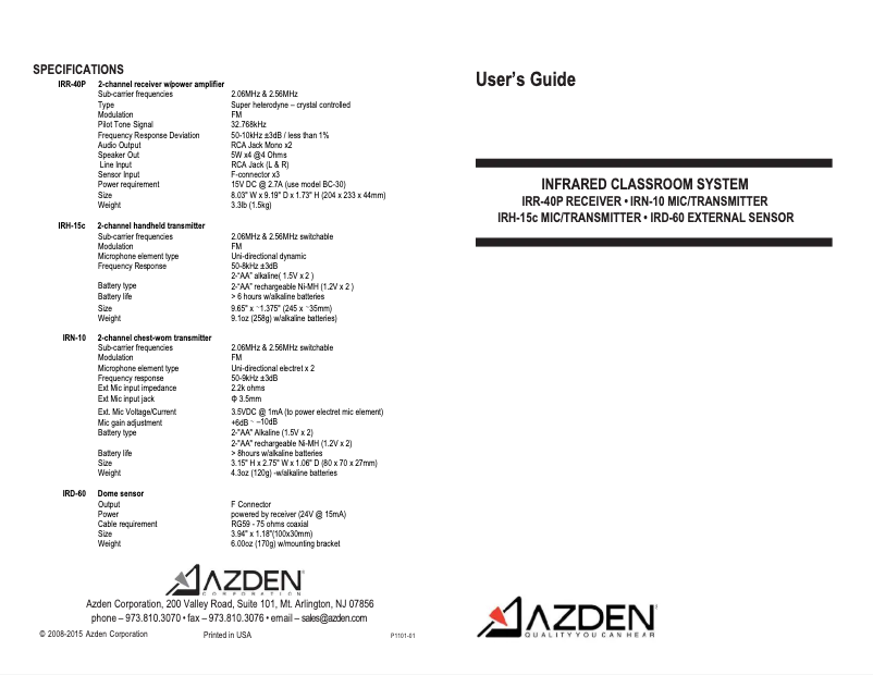 Page 1 de la notice Manuel utilisateur Azden IRCS-A