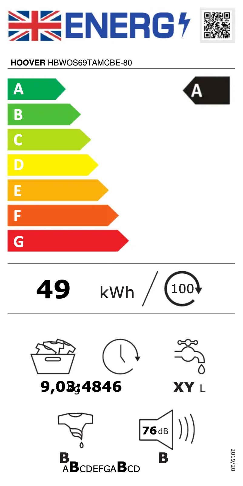 Page n°1 - Label énergétique Hoover HBWOS69TAMCBE-80