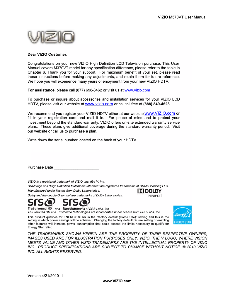 Page 1 de la notice Manuel utilisateur VIZIO M370VT