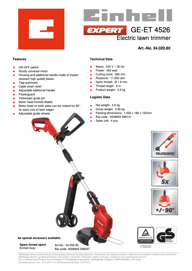 Page n°1 - Fiche technique Einhell GE-ET 4526