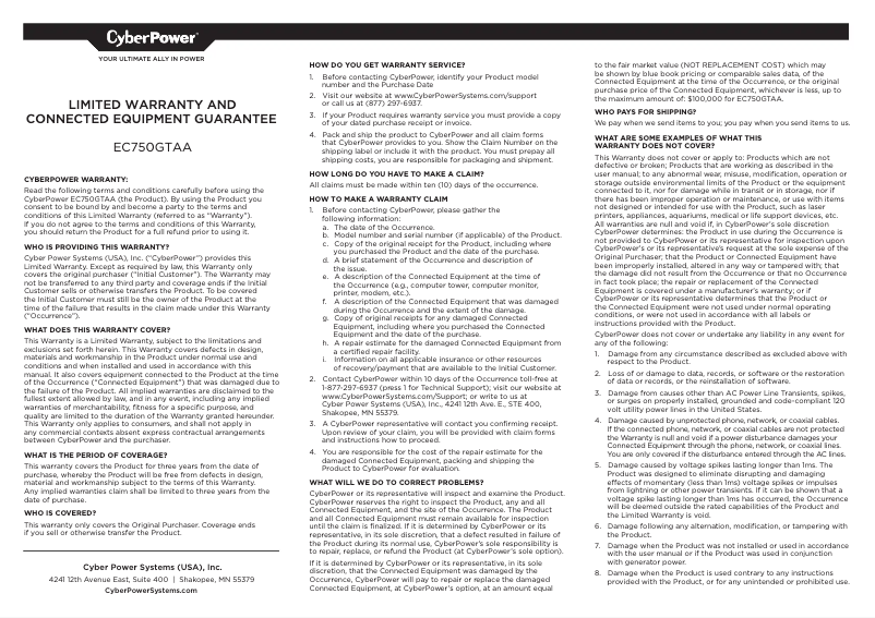 Page n°1 - Informations de garantie CyberPower EC750G