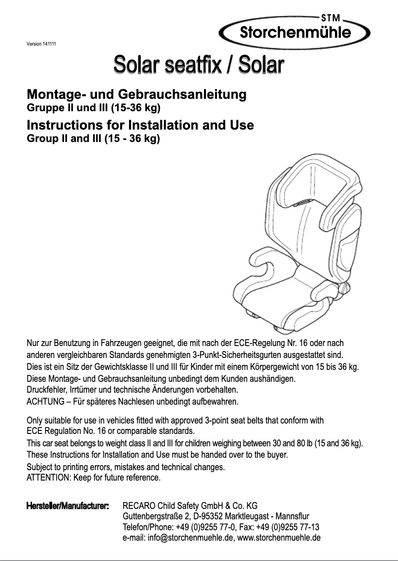 Página 1 del manual Manual de usuario Storchenmuhle Solar Seatfix