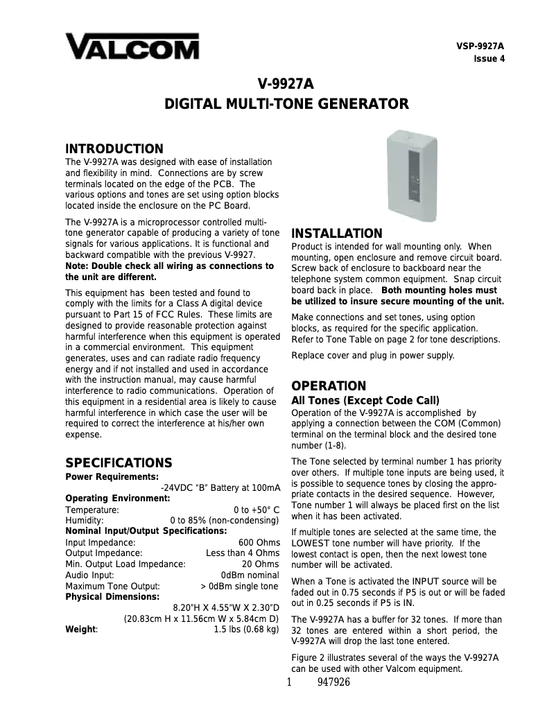 Image de la première page du manuel de l'appareil V-9927A