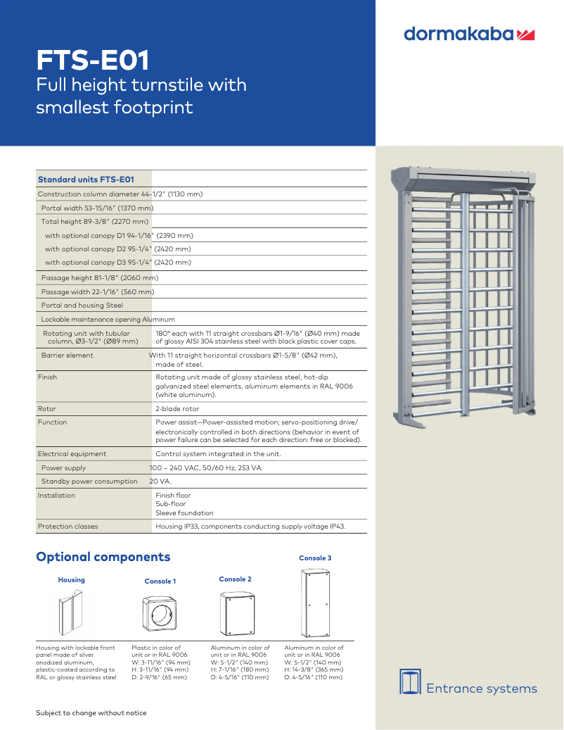 Page 1 de la notice Manuel utilisateur Dormakaba FTS-E01
