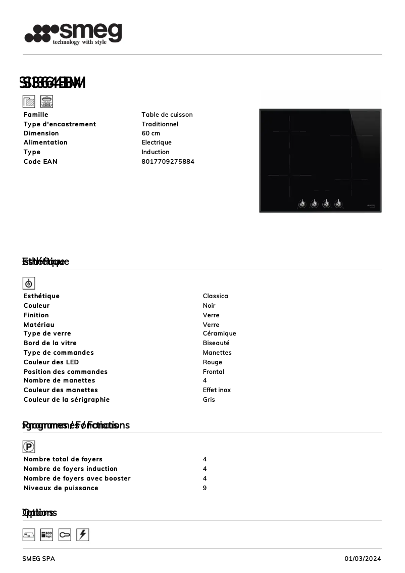 Page 1 de la notice Fiche technique Smeg SI364BM