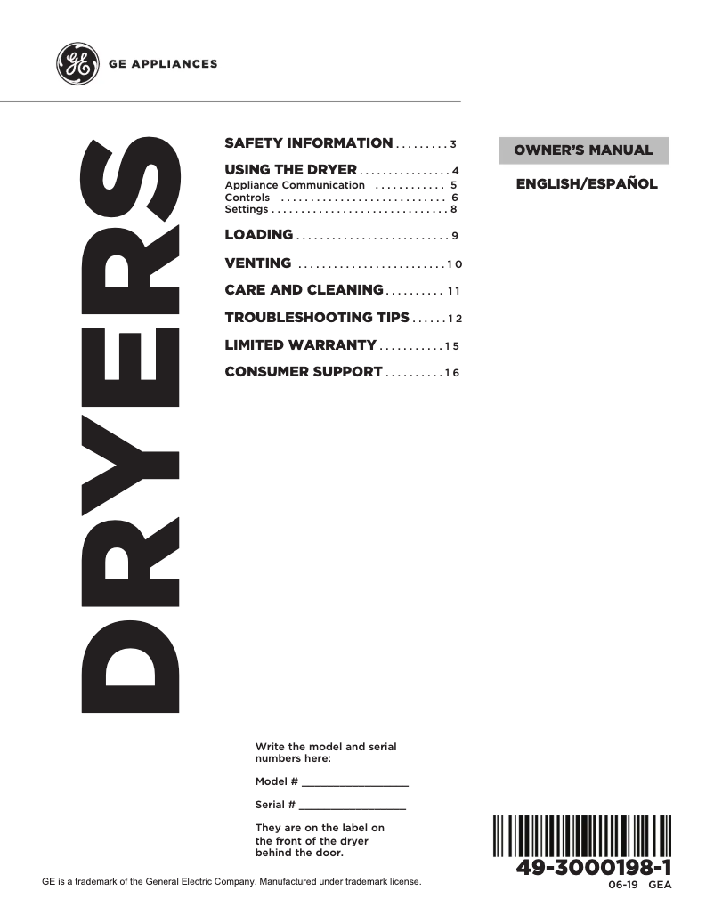 Page 1 de la notice Manuel d'utilisation et d'entretien GE GTD84ECPNDG