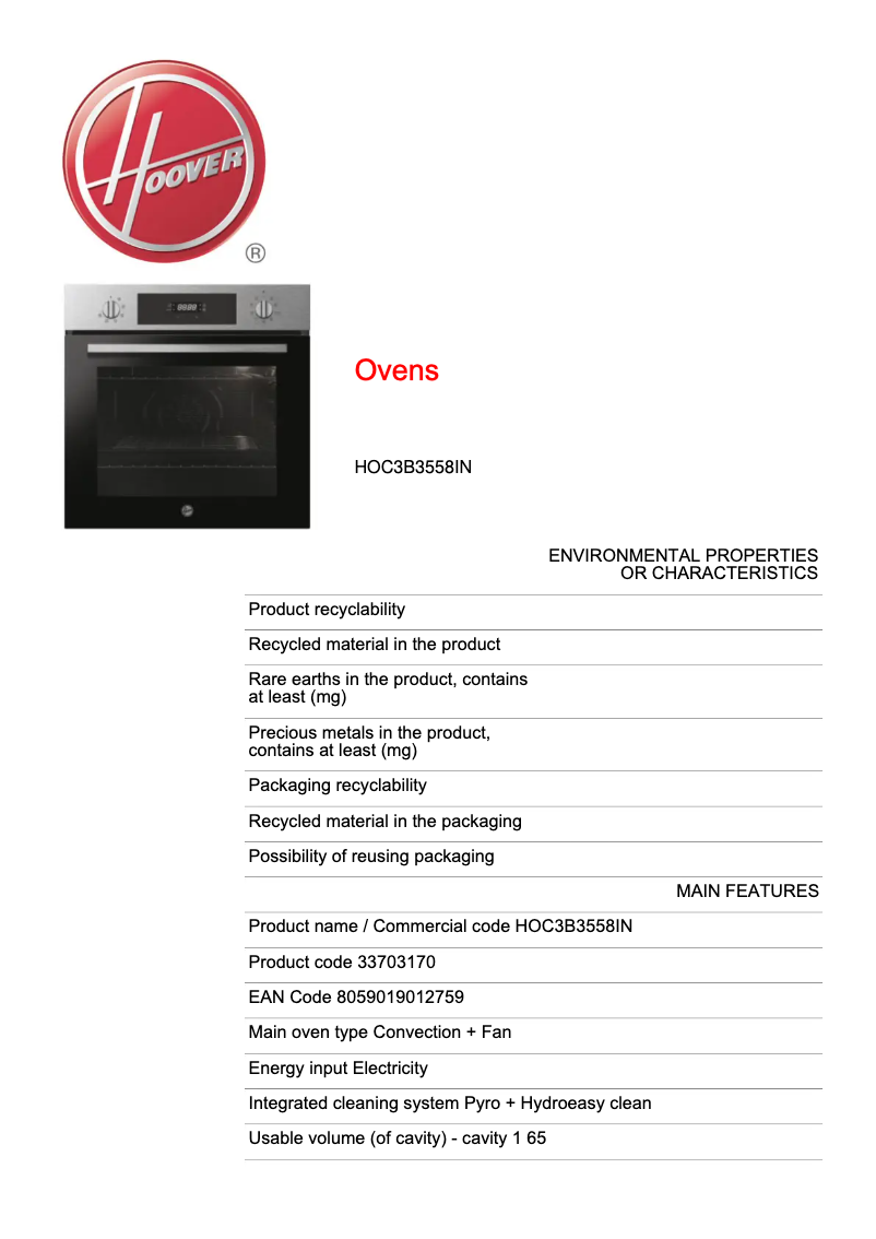Page 1 de la notice Fiche technique Hoover H-OVEN 300 HOC3B3558IN