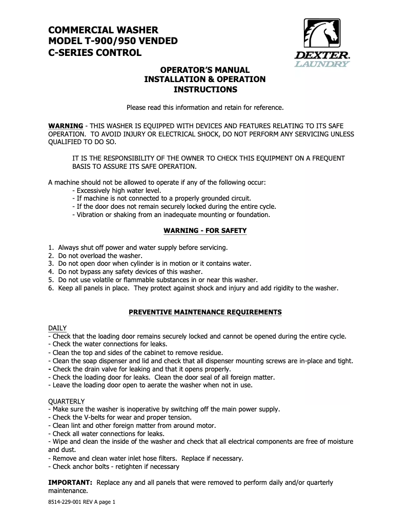 Page 1 de la notice Manuel utilisateur Dexter T-900