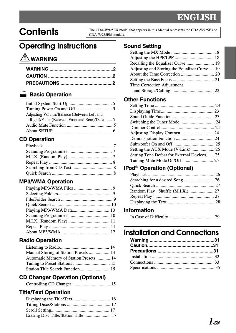 Page 1 de la notice Manuel utilisateur Alpine CDA-W925E