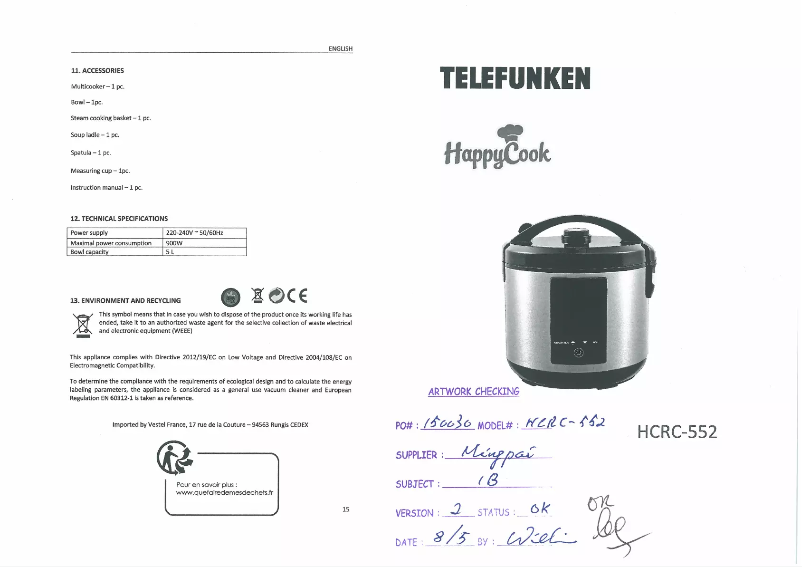Page n°1 - Manuel utilisateur Telefunken HappyCook HCRC-552
