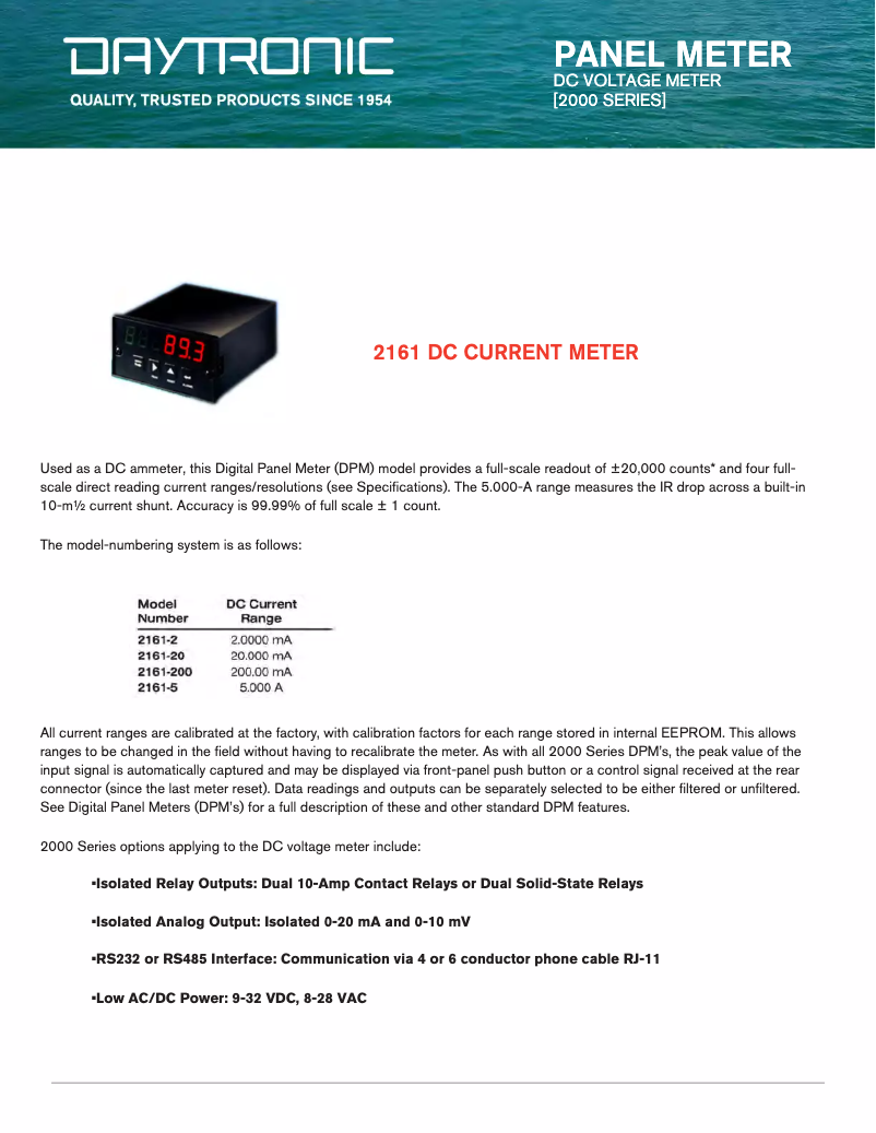 Page 1 de la notice Fiche technique Daytronic 2161-5