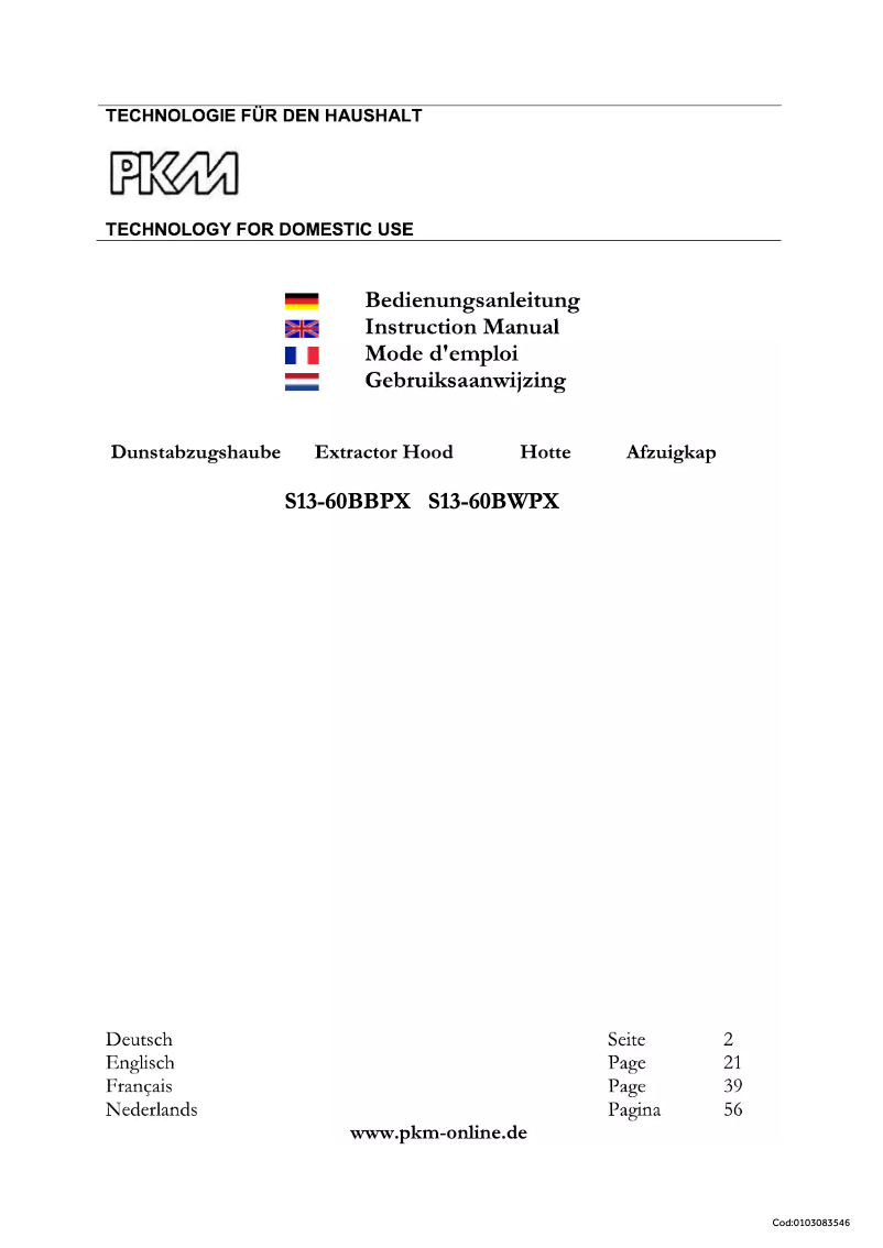 Page 1 de la notice Manuel utilisateur PKM S13-60BBPX