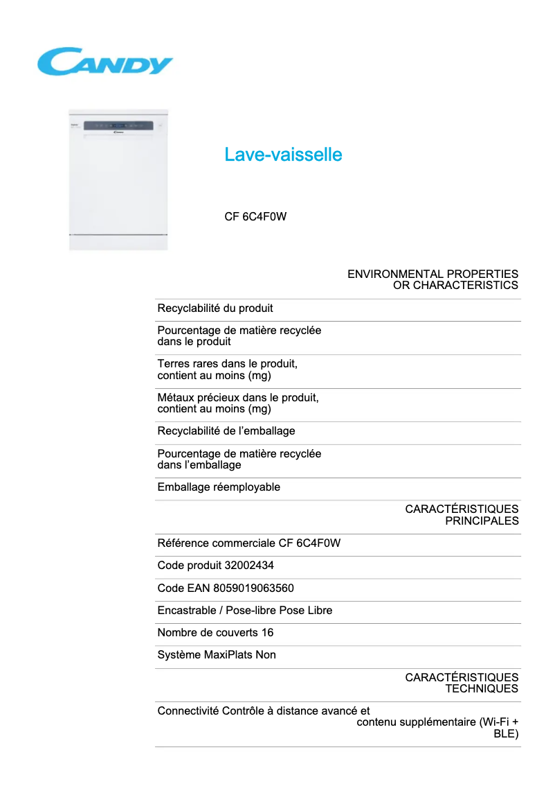 Page 1 de la notice Fiche technique Candy CF 6C4F0W