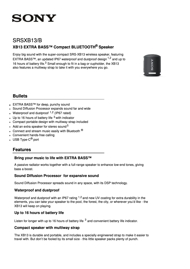 Page 1 de la notice Fiche technique Sony SRS-XB13