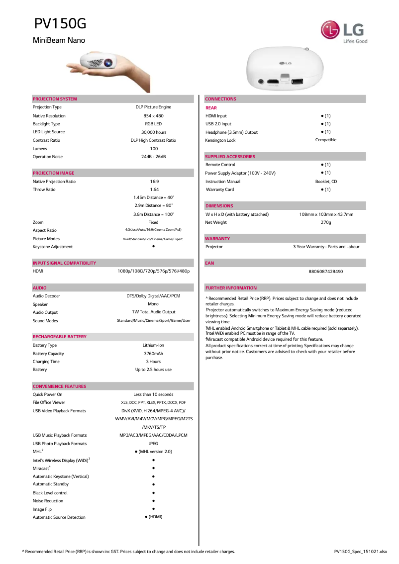 Page n°1 - Fiche technique LG PV150G