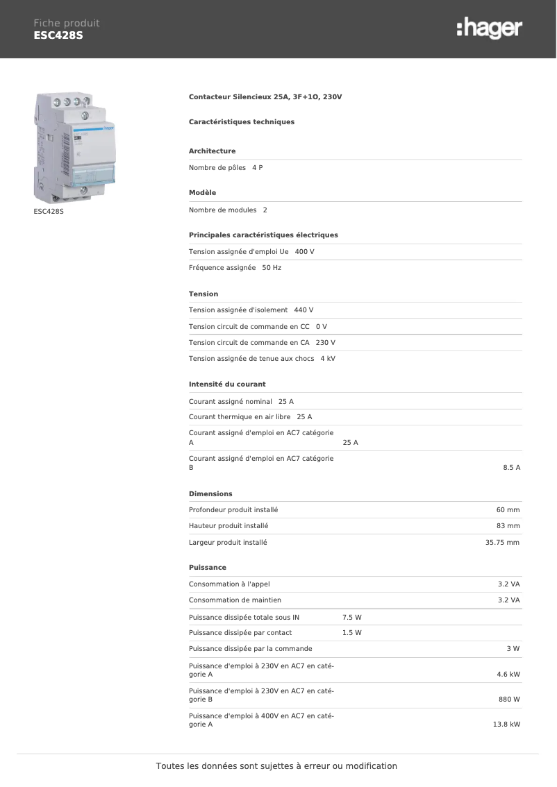 Page n°1 - Manuel utilisateur Hager ESC428S