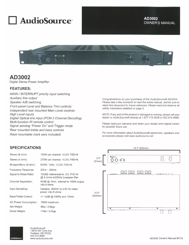 Page n°1 - Manuel utilisateur AudioSource AD3002