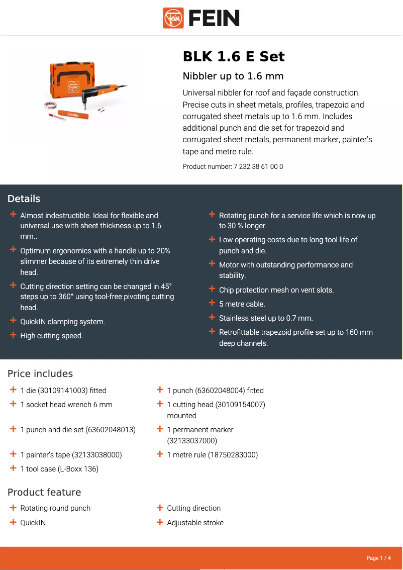 Page n°1 - Fiche technique Fein BLK 1.6 E