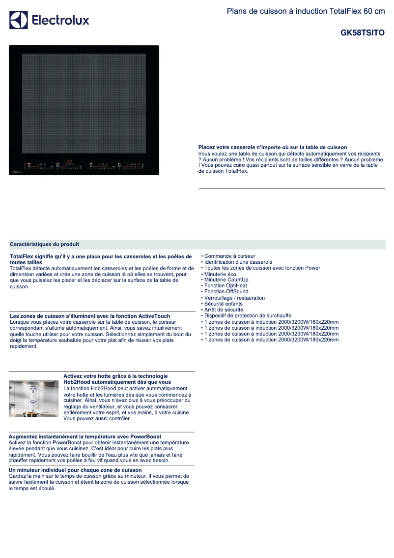 Page 1 de la notice Fiche technique Electrolux GK58TSITO