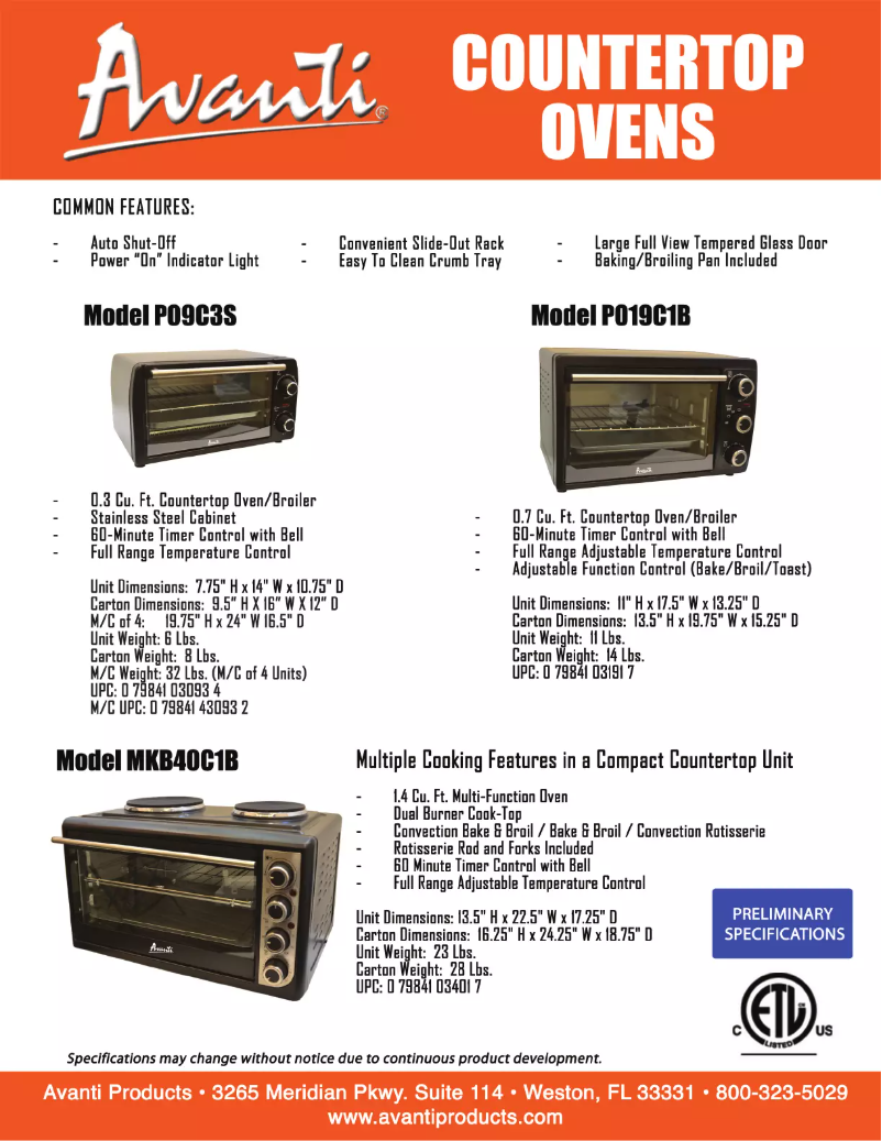 Page 1 de la notice Fiche technique Avanti PO9C3S