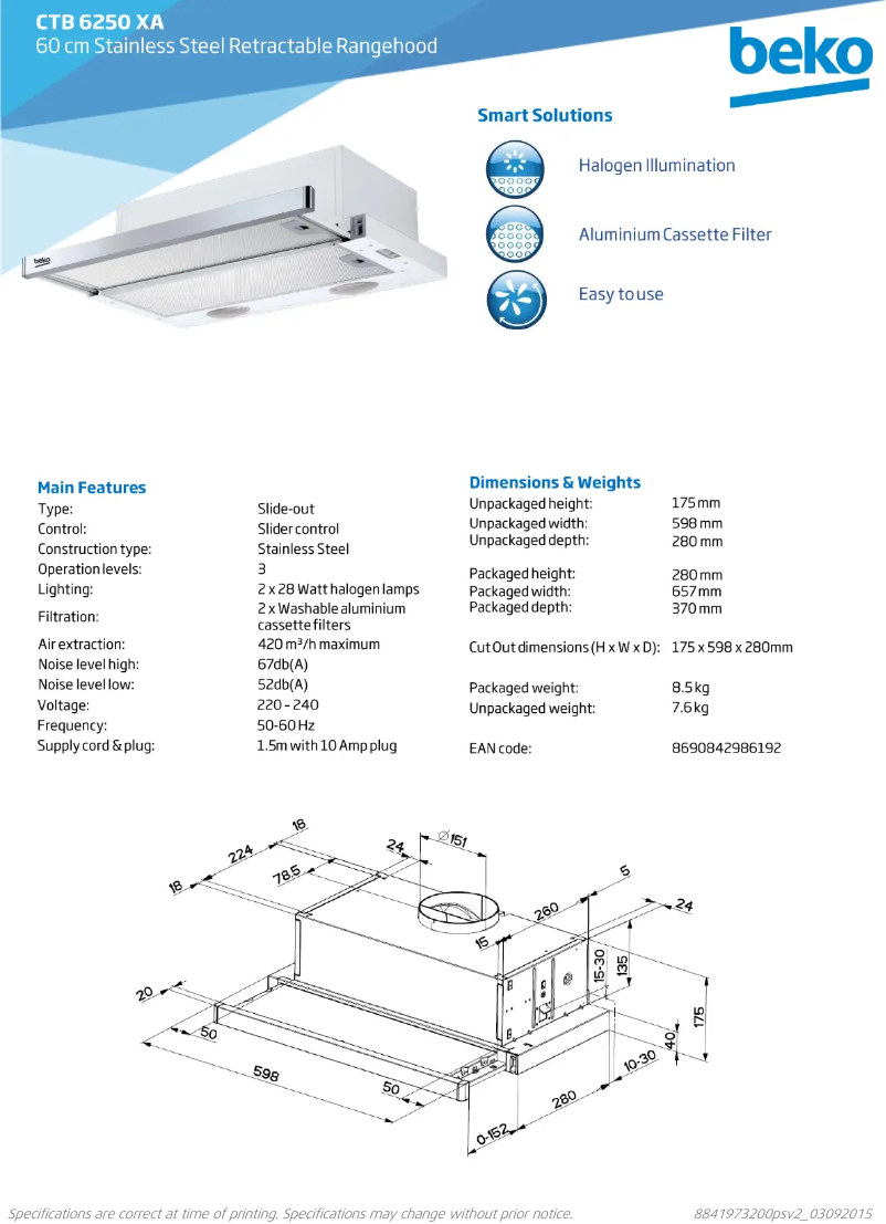 Page n°1 - Fiche technique Beko CTB 6250 XA