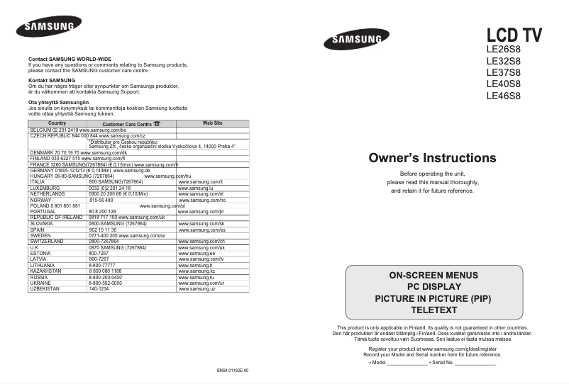 Page n°1 - Manuel utilisateur Samsung LE26S86BC