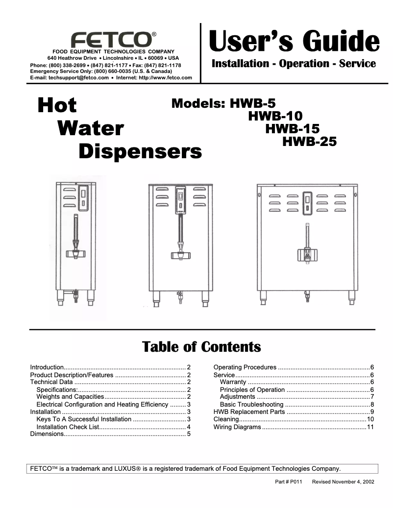 Page 1 de la notice Manuel utilisateur Fetco HWB-25