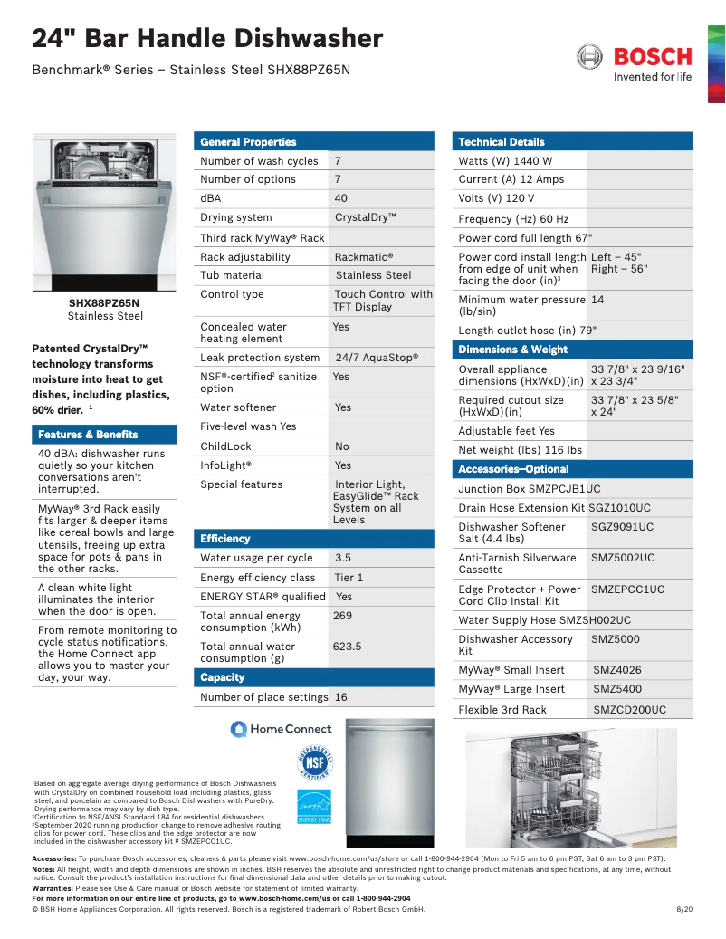 Page 1 de la notice Fiche technique Bosch SHX88PZ65N