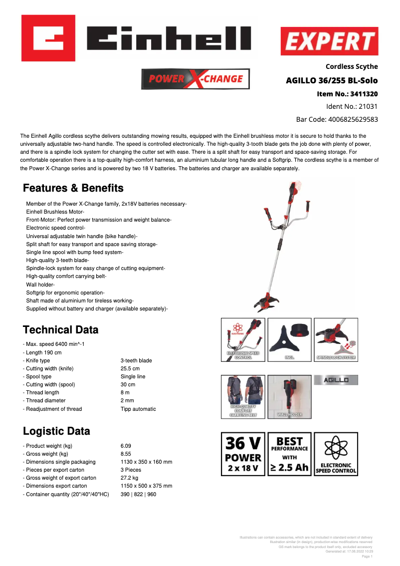 Página 1 del manual Ficha técnica Einhell AGILLO 36/255 BL