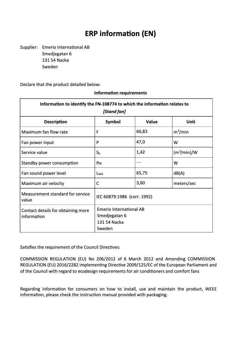 Page 1 de la notice Fiche technique Emerio FN-108774