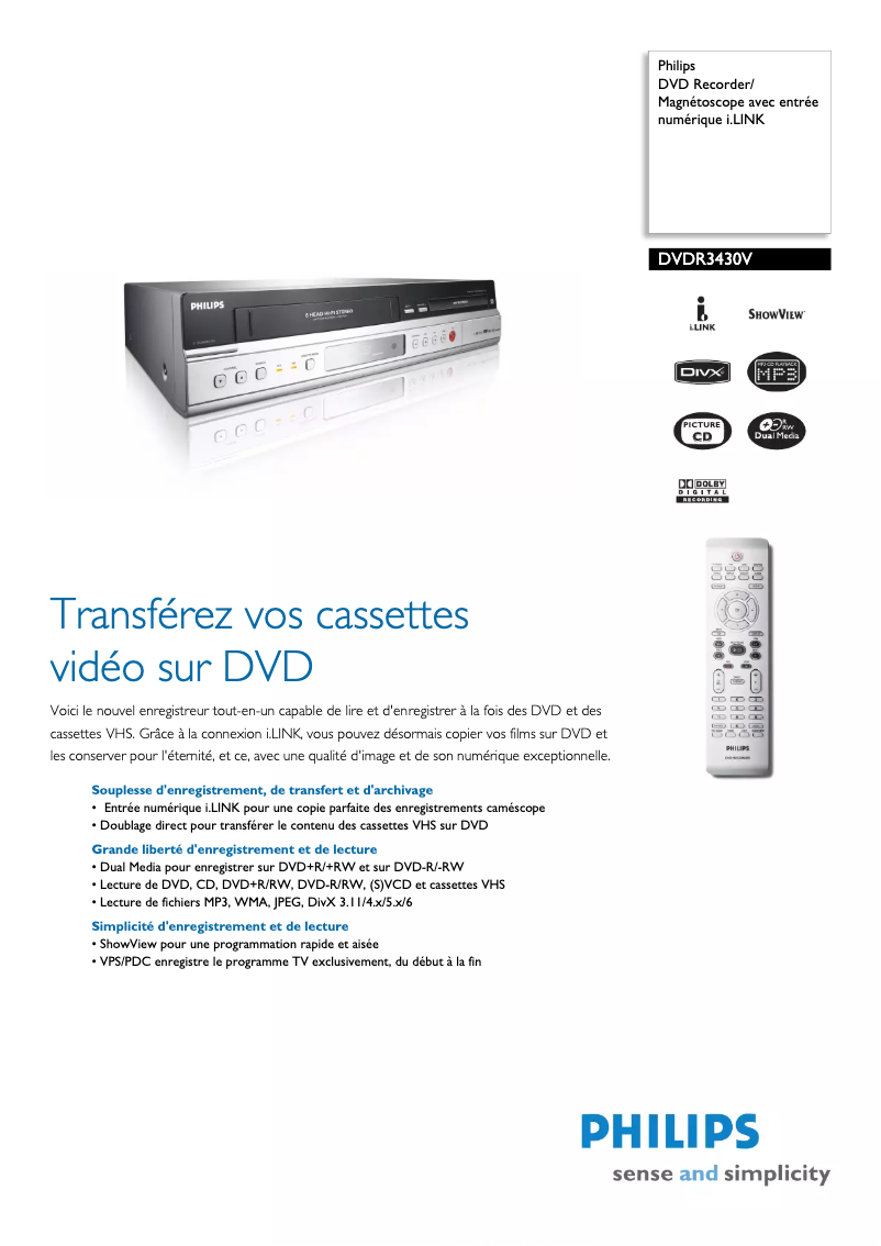 Page 1 de la notice Fiche technique Philips DVDR3430V