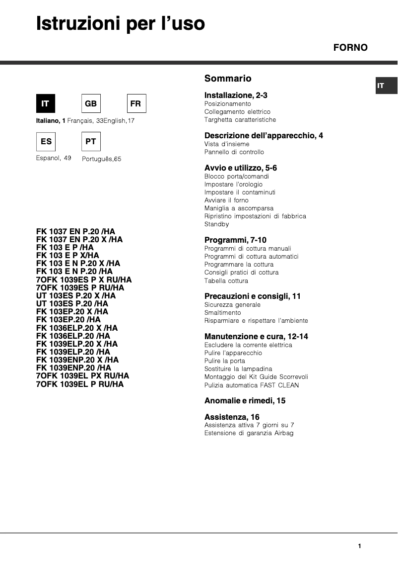 Page 1 de la notice Manuel utilisateur Hotpoint Ariston FK 1039EL P.20 X/HA