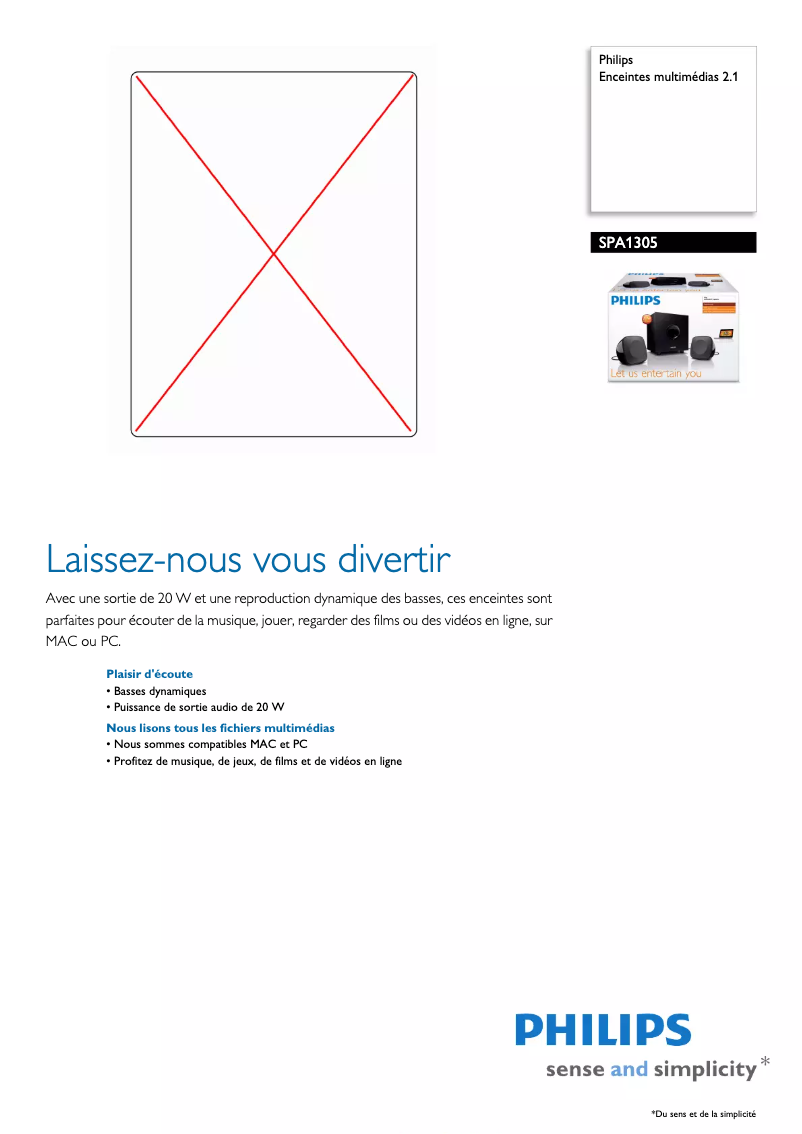 Page 1 de la notice Fiche technique Philips SPA1305
