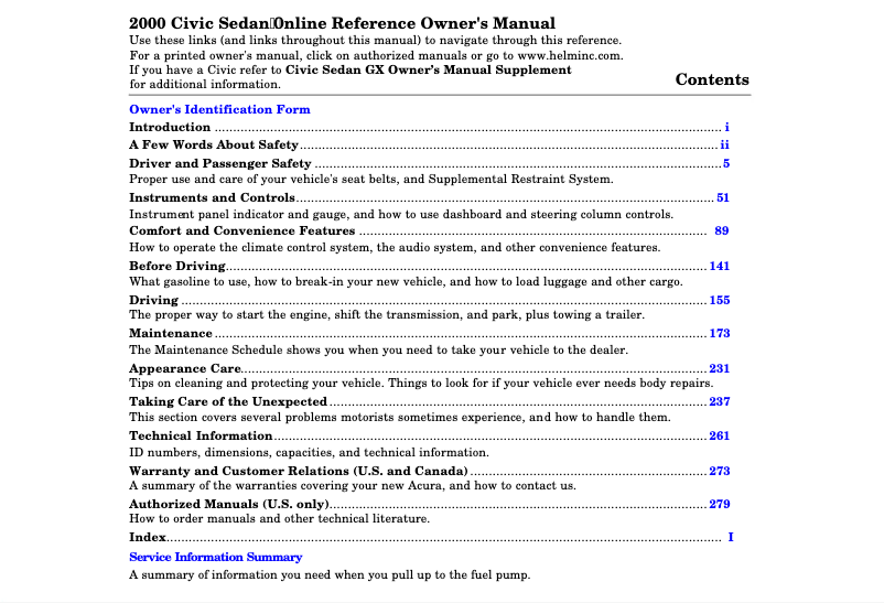 Image de la première page du manuel de l'appareil Civic GX (2000)