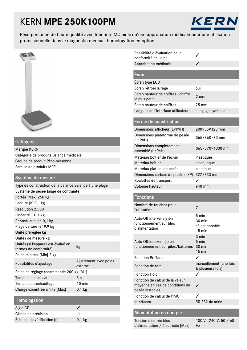 Page 1 de la notice Fiche technique Kern MPE 250K100PNM