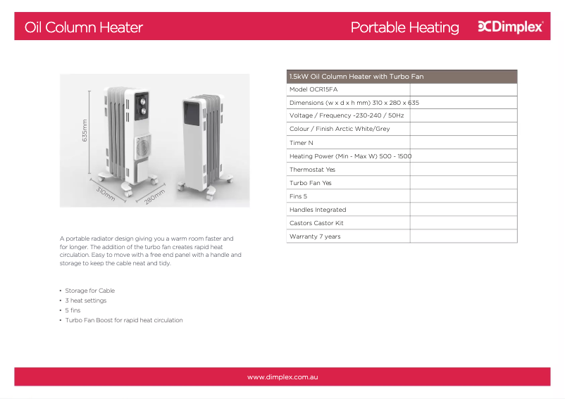 Page 1 de la notice Fiche technique Dimplex OCR15FA