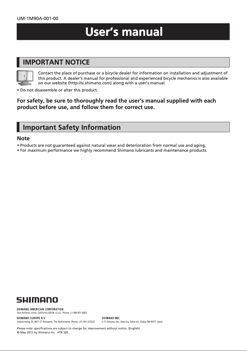 Page 1 de la notice Manuel utilisateur Shimano EW-JC130