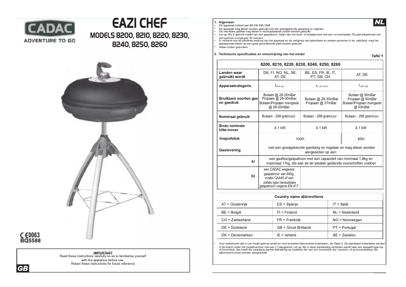 Page 1 de la notice Manuel utilisateur Cadac Eazi Chef 8250