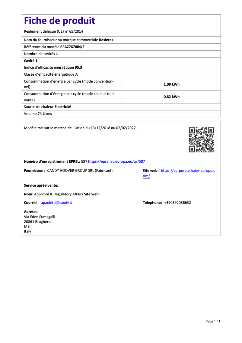 Page n°1 - Fiche technique Rosieres RFAZ 7670 IN/E