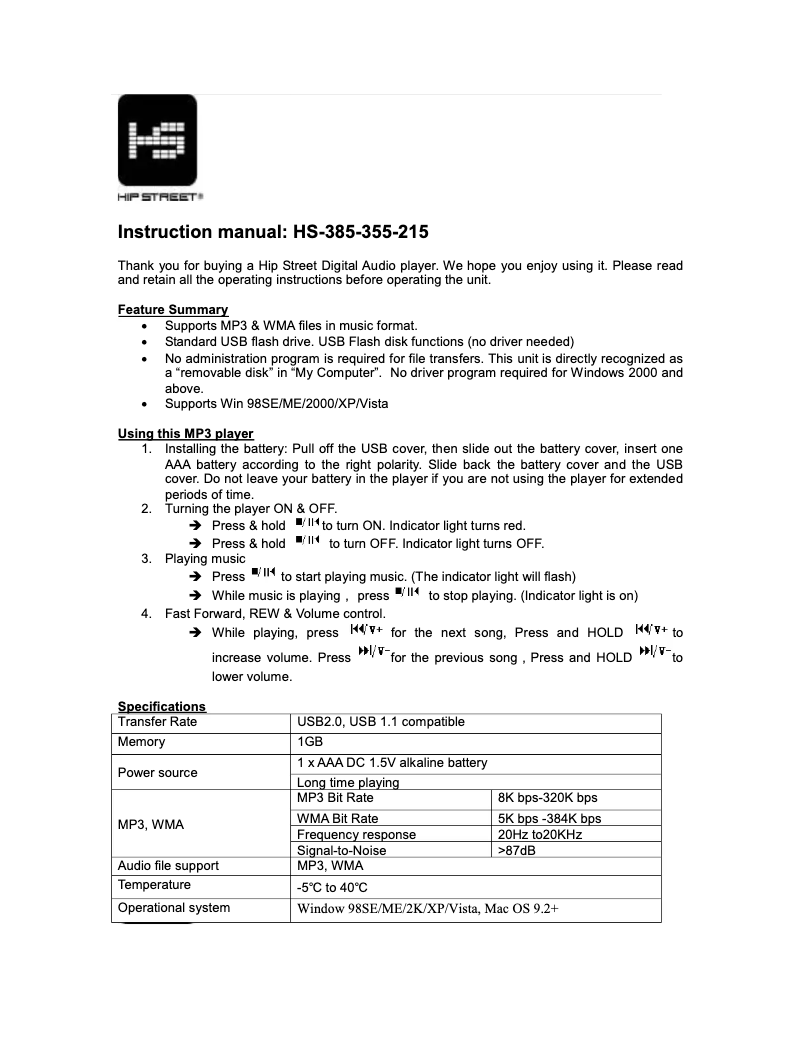 Page n°1 - Manuel utilisateur Hipstreet HS-355