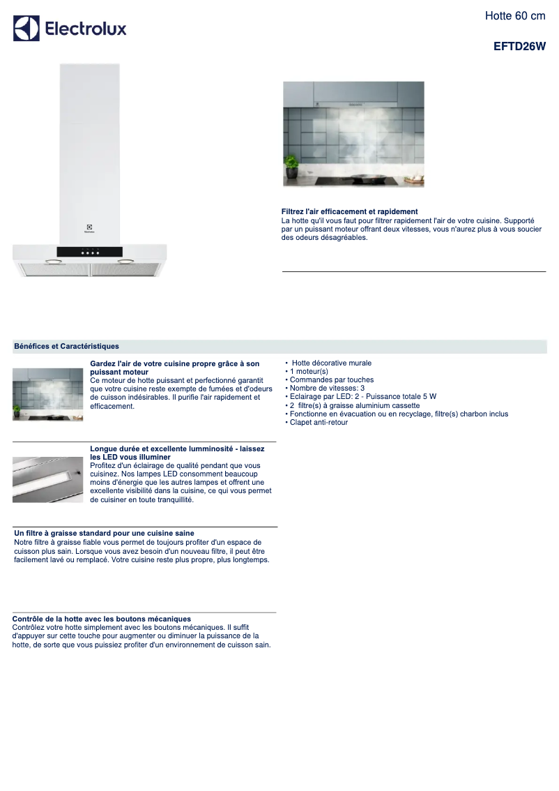 Page 1 de la notice Fiche technique Electrolux EFTD26W