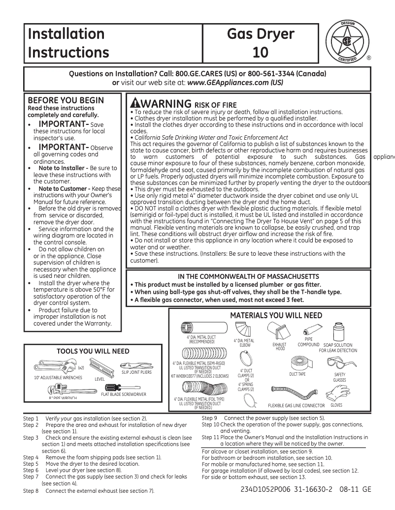 Page n°1 - Guide d'installation GE GFDN240GLWW