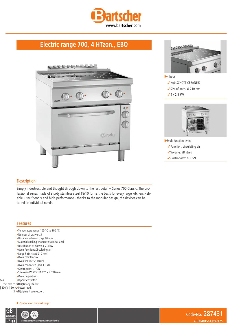 Page n°1 - Fiche technique Bartscher 287431