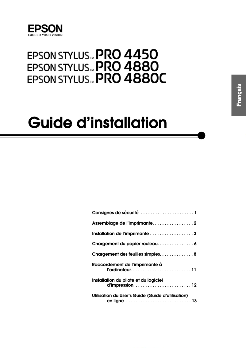 Page 1 de la notice Guide d'installation Epson Stylus Pro 4450