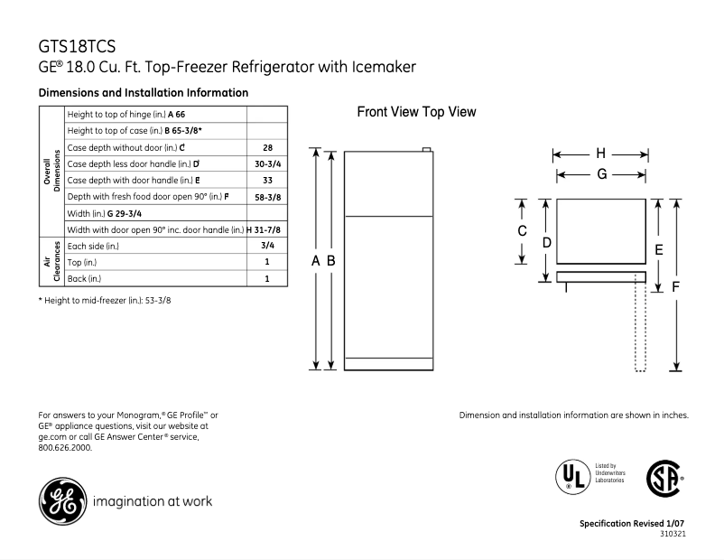Page 1 de la notice Fiche technique GE GTS18TCSCC